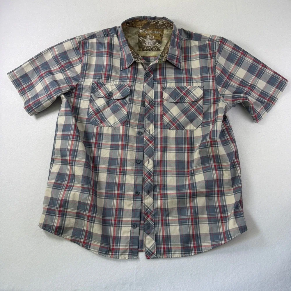 Realtree Mens Large Plaid Short Sleeve Button Down Shirt Blue Red Camo Trim